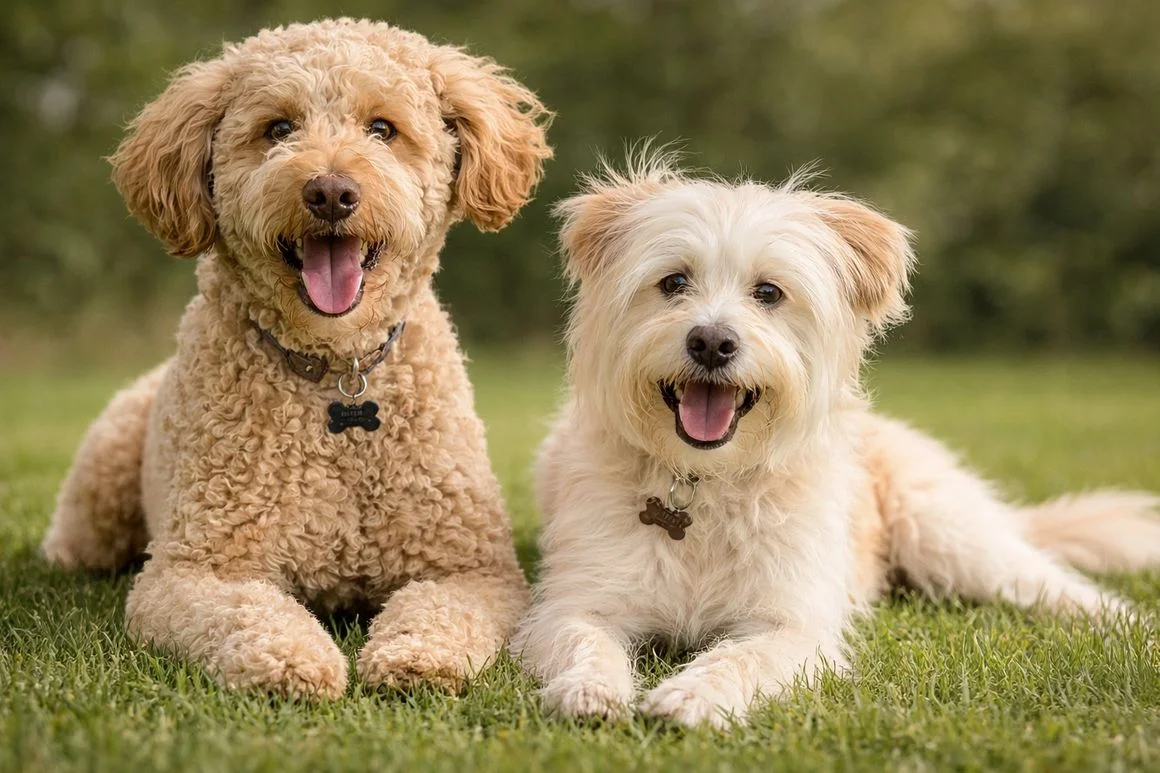 Two happy dogs — Max the Goldendoodle and Sua