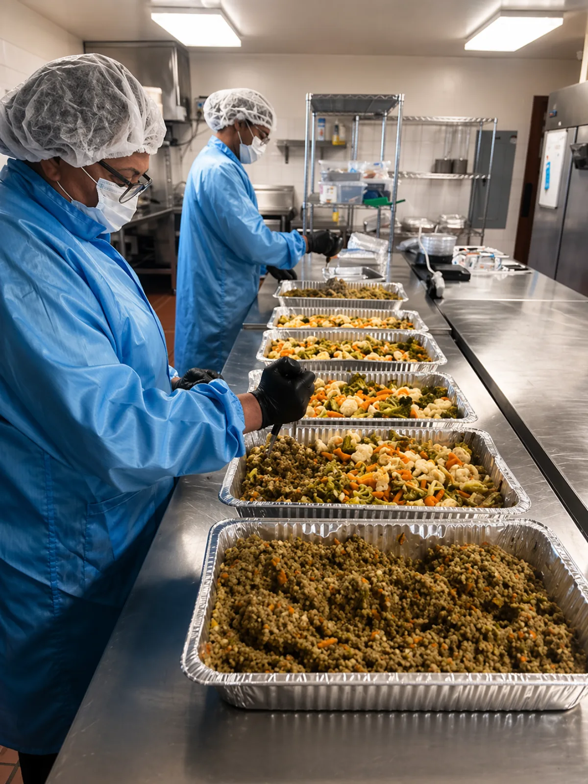 Hand-filling trays with freshly cooked quinoa, vegetables, and meat blends