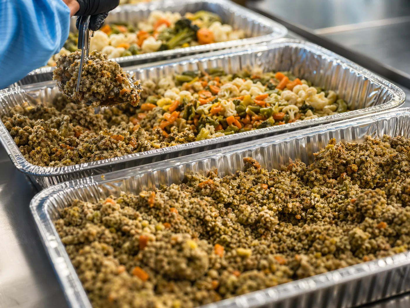 A close-up of a fresh MaxSua meal — quinoa, vegetables, and meat, mixed and blended into trays