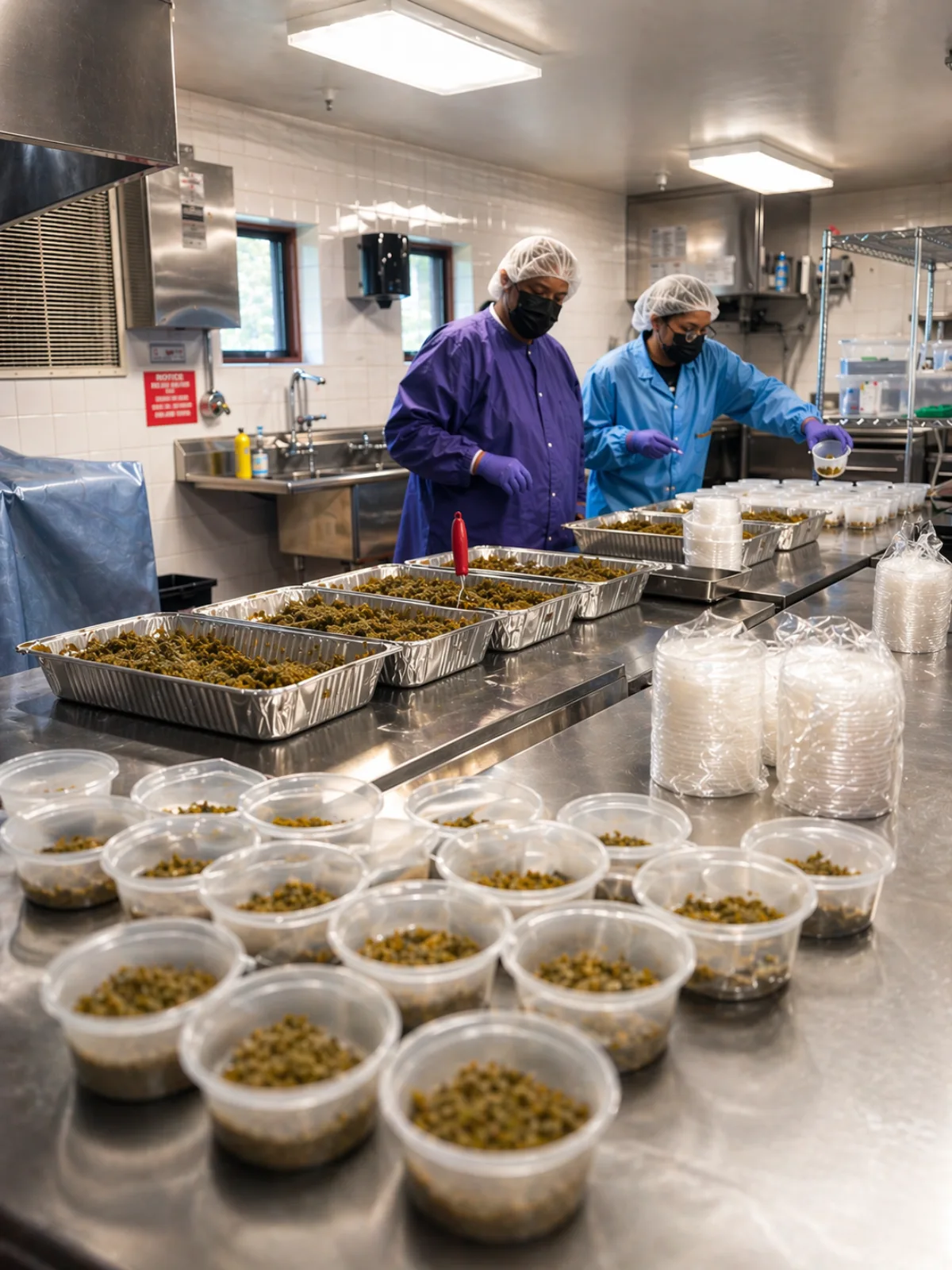 Two team members hand-portioning fresh meals at stainless steel prep counters