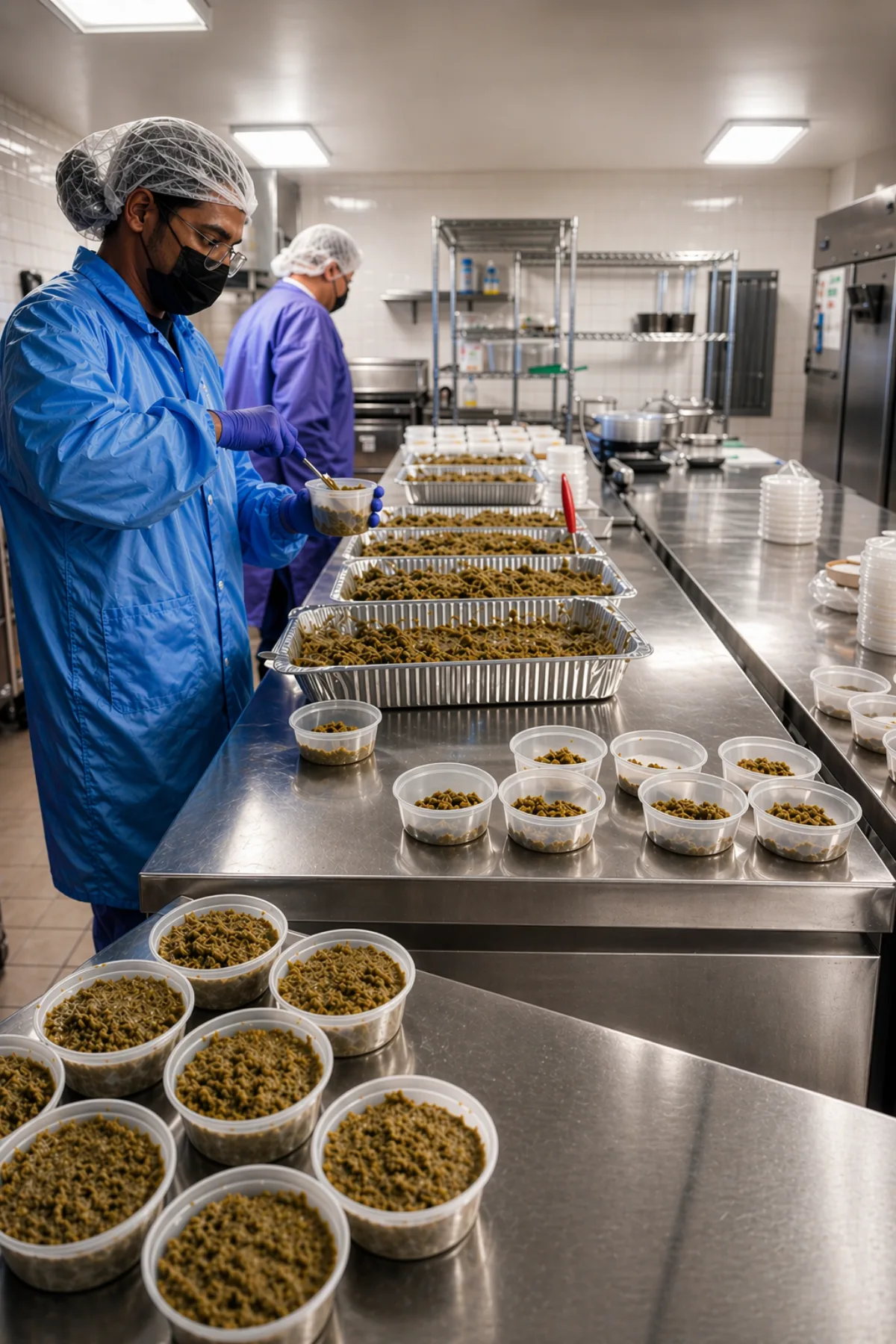 MaxSua team in full PPE preparing fresh dog food in our commercial kitchen in Paso Robles