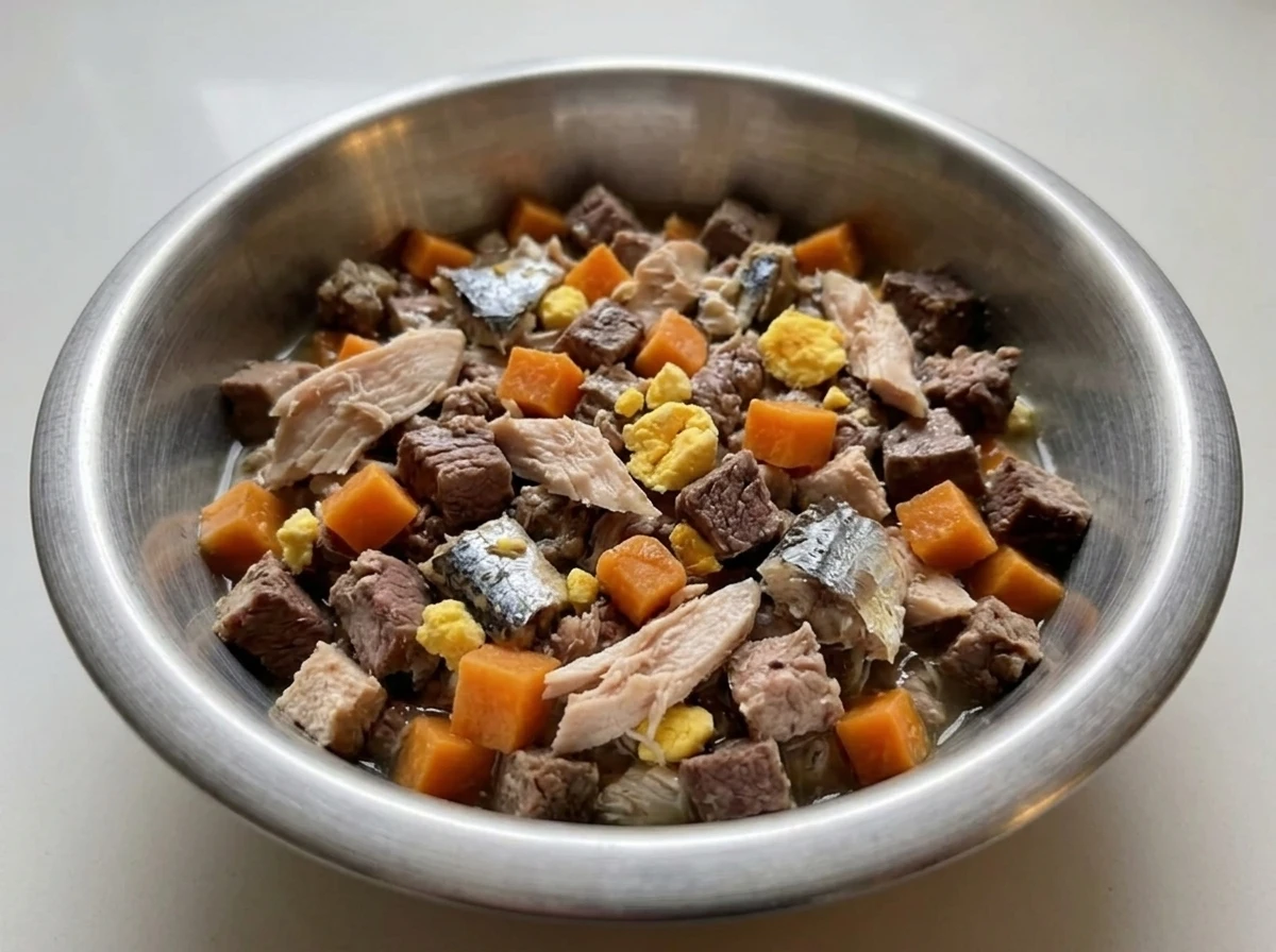 Fresh turkey and beef organ cat food with yam and sardine in a stainless steel bowl
