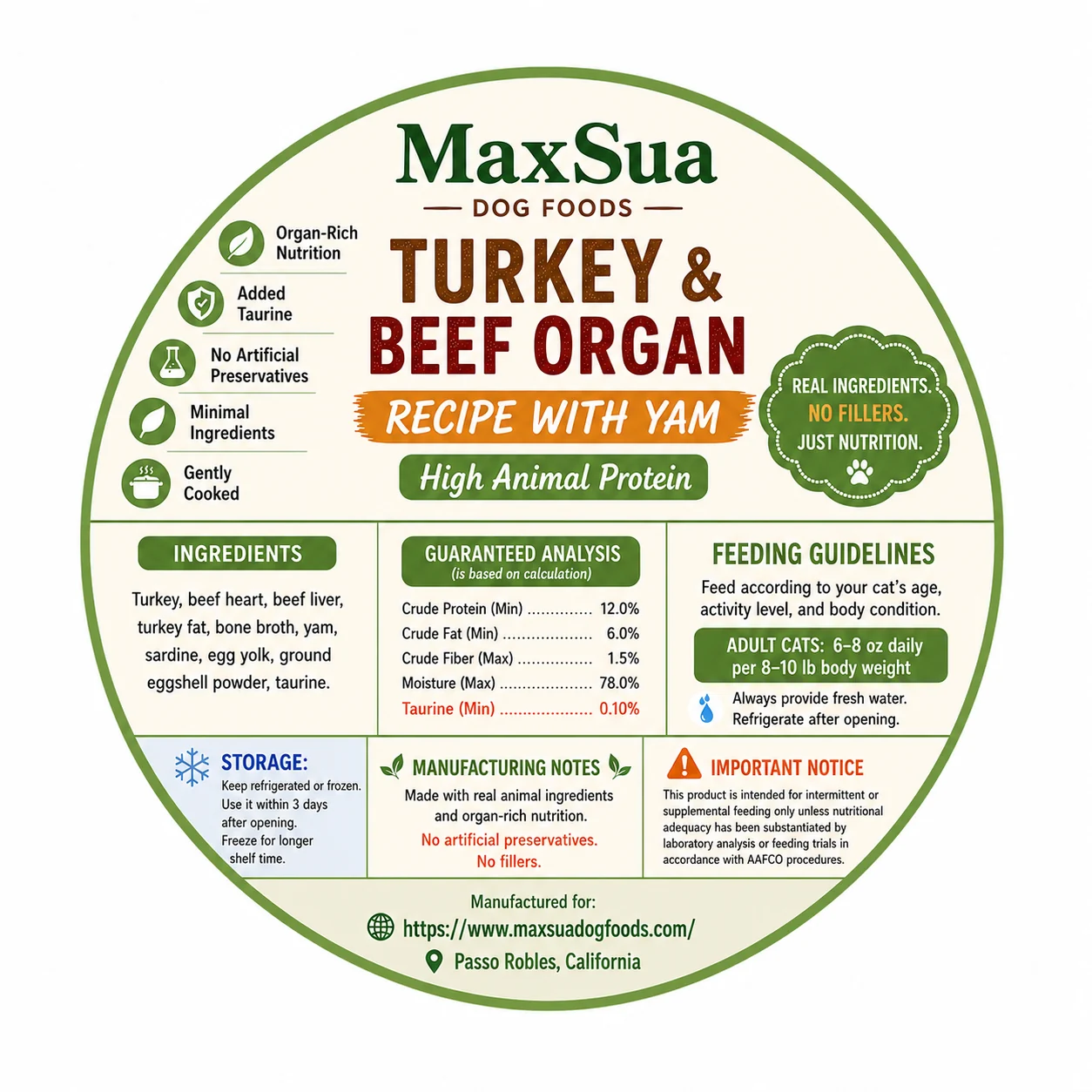 MaxSua Turkey & Beef Organ Recipe with Yam cat food label