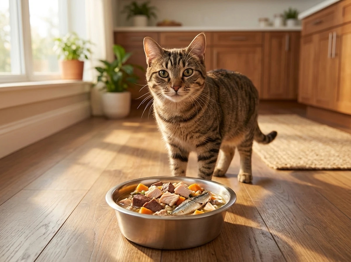 Cat standing beside a bowl of fresh MaxSua cat food