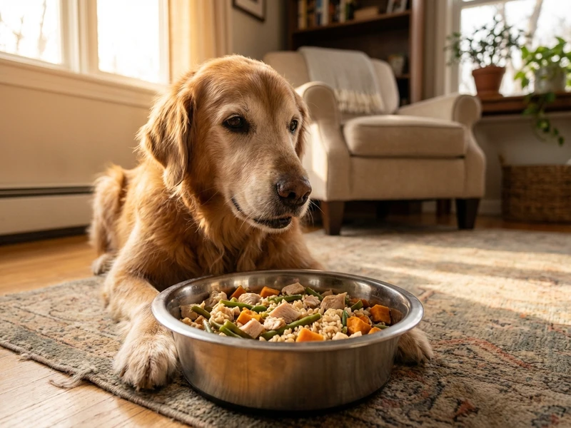 Senior dog enjoying a custom MaxSua formulation