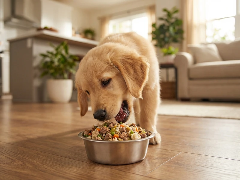 A happy puppy enjoying MaxSua puppy formula