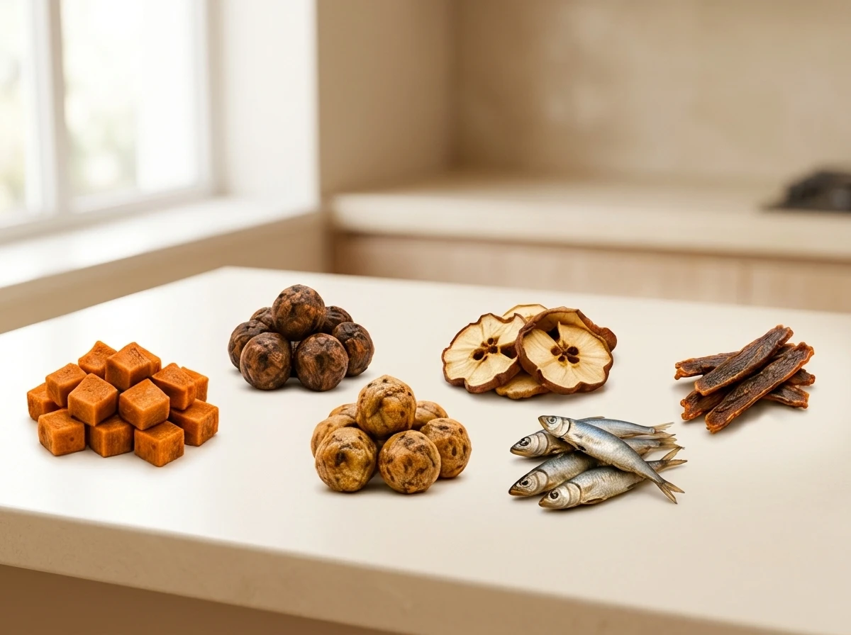 Assortment of MaxSua natural baked pet treats arranged on a clean kitchen counter